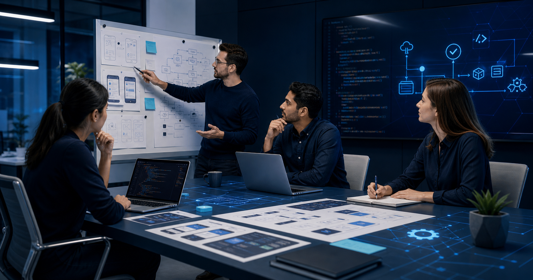 Tim software development membahas kebutuhan aplikasi bisnis